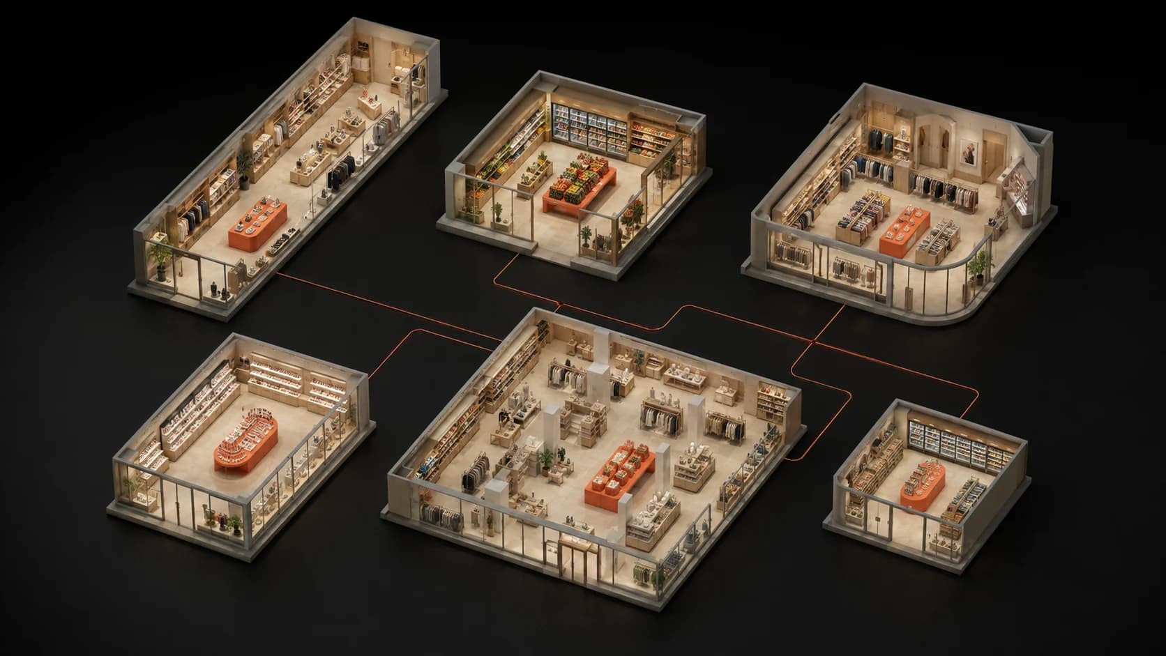 Concept models of six distinct retail stores connected by a shared merchandising approach