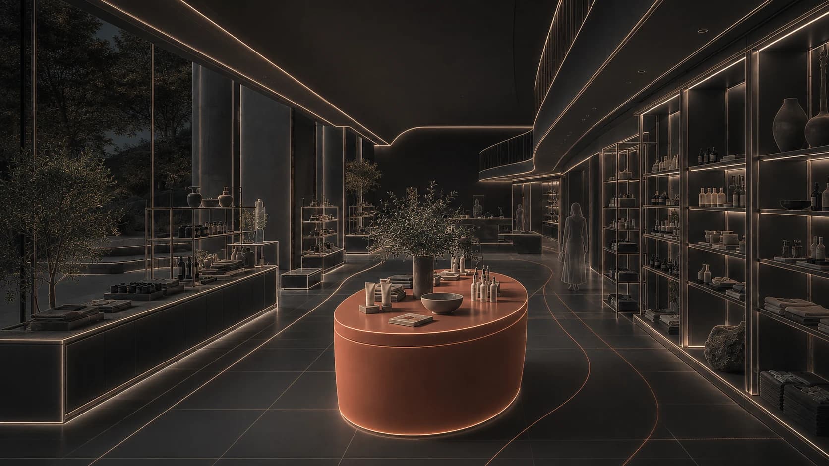Concept illustration of a retail store model with its interior fixtures visible.