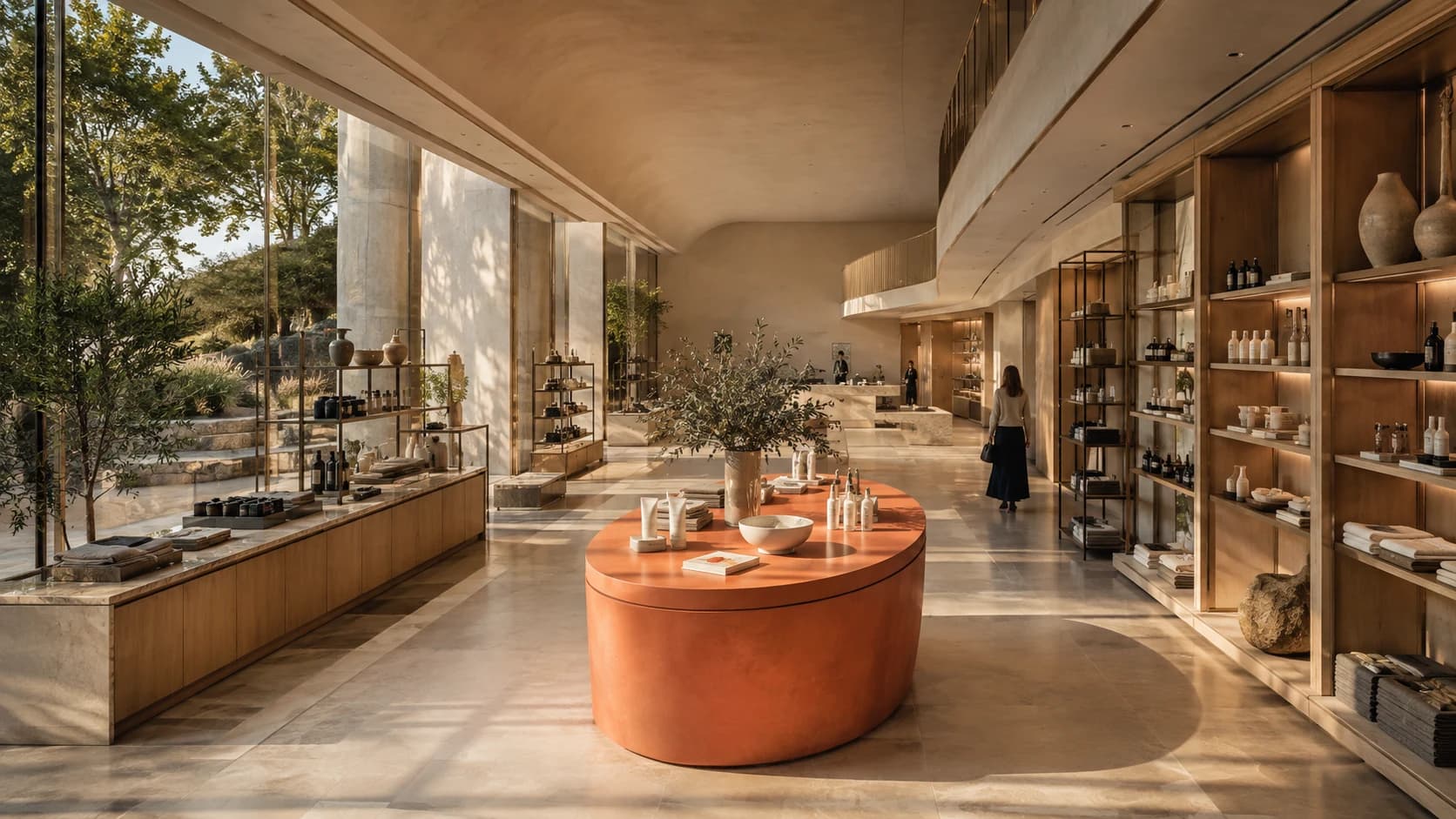 Architectural concept of a customer-facing retail store, showing its fixtures, merchandising zones, and circulation.