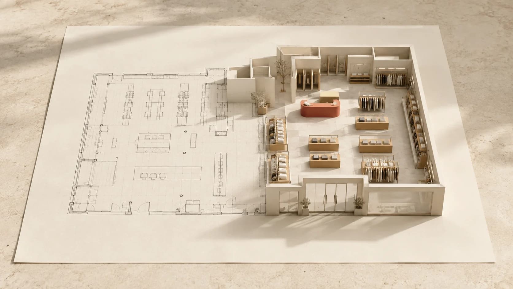 An architectural drawing transforming into a detailed three-dimensional retail store, with oak displays and a coral counter