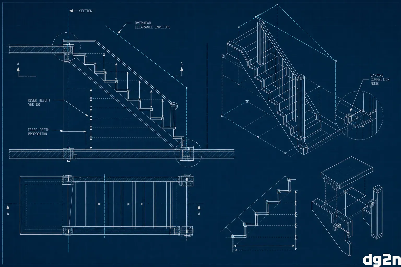 Architectural blueprint diagram of a staircase showing height, tread, and overhead clearance envelopes.