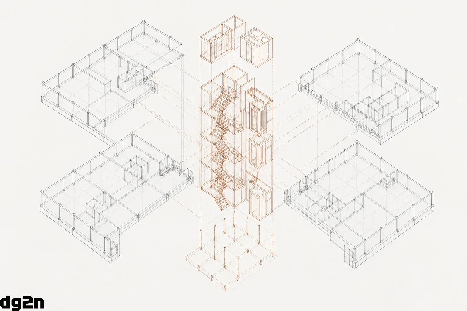 Isometric diagram showing modular stair, elevator, and floor blocks snapping together into a multi-storey core assembly.