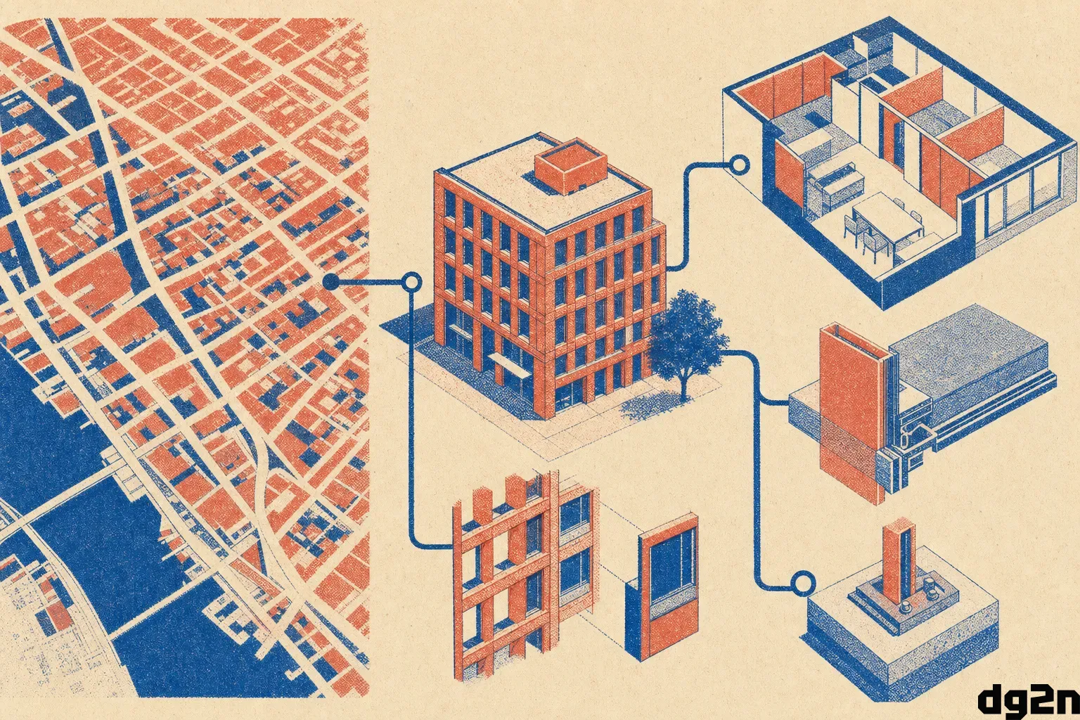 Risograph-style diagram showing a hierarchy of nested pattern language concepts from city scales down to room details.