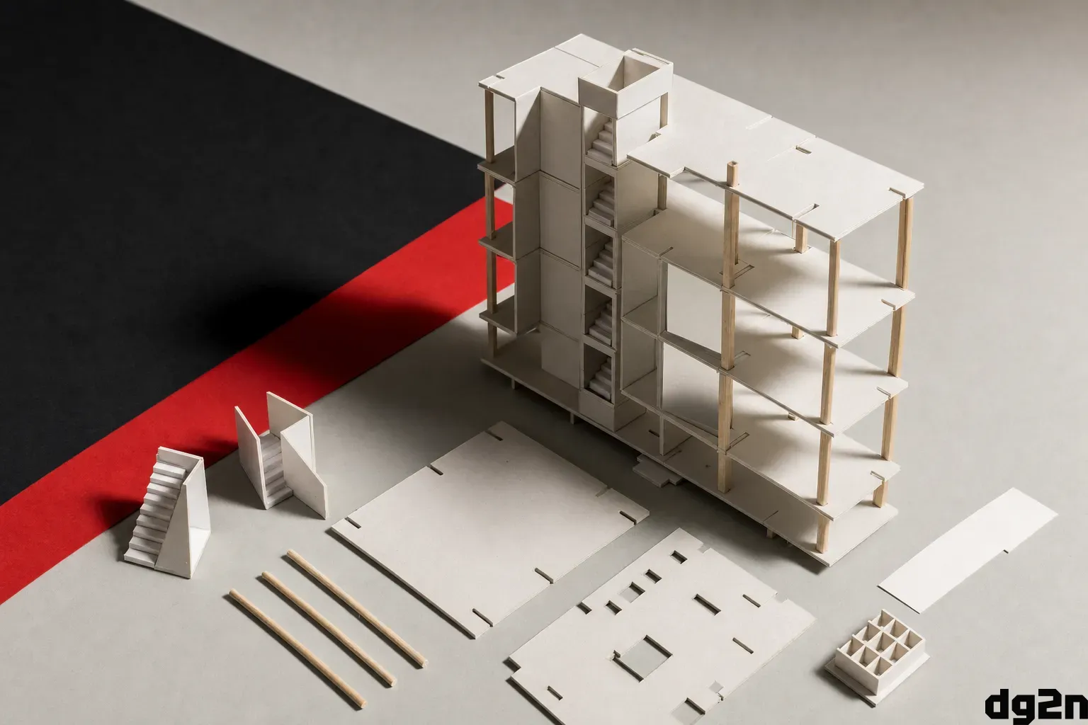 An architectural study model made of white cardstock, folded paper, and wooden rods, showing modular components like staircases and floor plates assembling into a structured central tower.