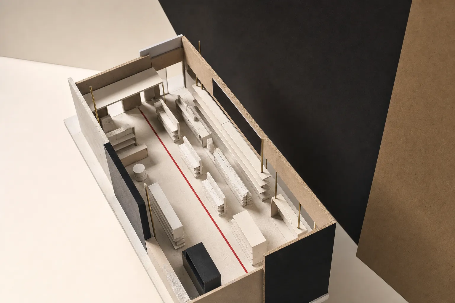 Constructivist model of a retail aisle with a straight red centerline