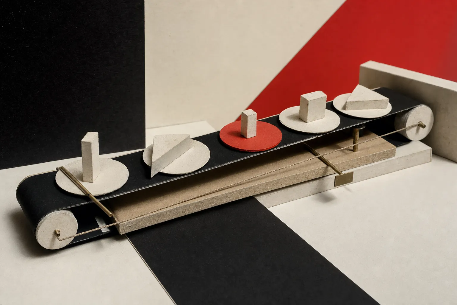 A physical study model of colour-coded plates on a conveyor belt carrying geometric paper modules.