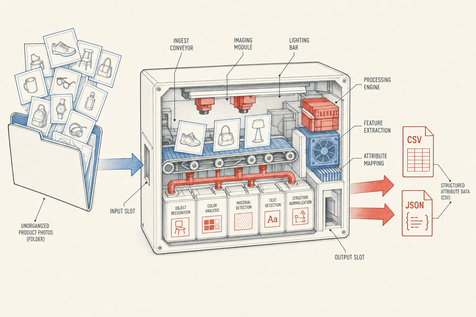 An explainer cutaway diagram showing raw photographs converted directly into structured attribute data.