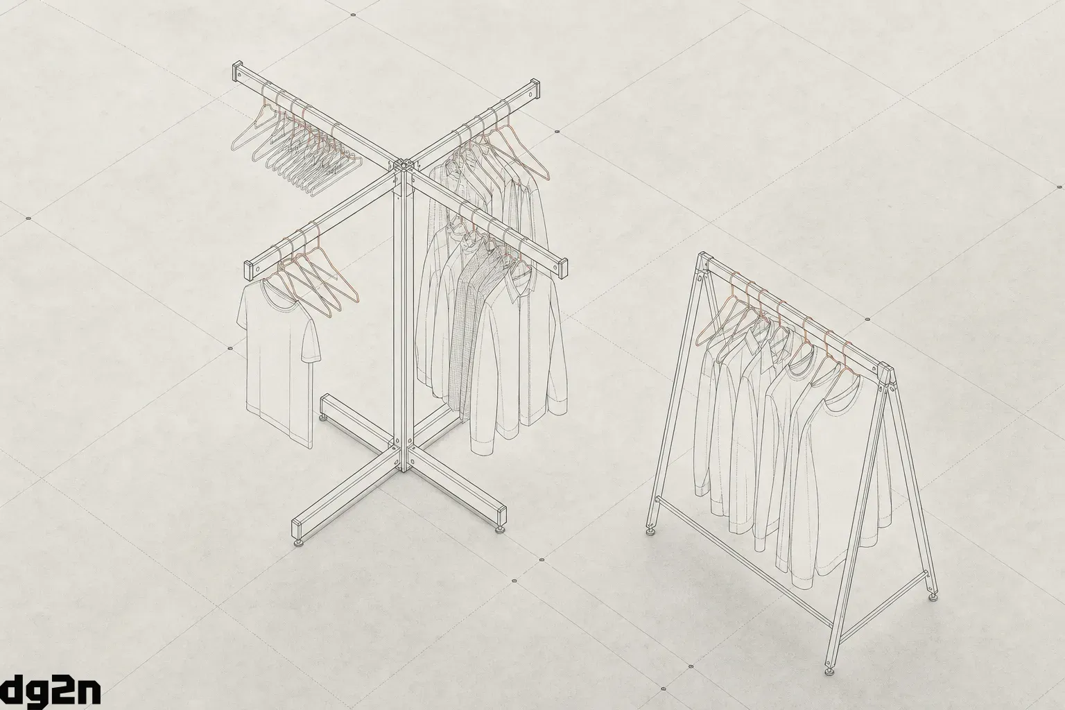 Isometric diagram of retail floor clothing fixtures showing a 4-way rack and an A-frame rail on a floor grid.