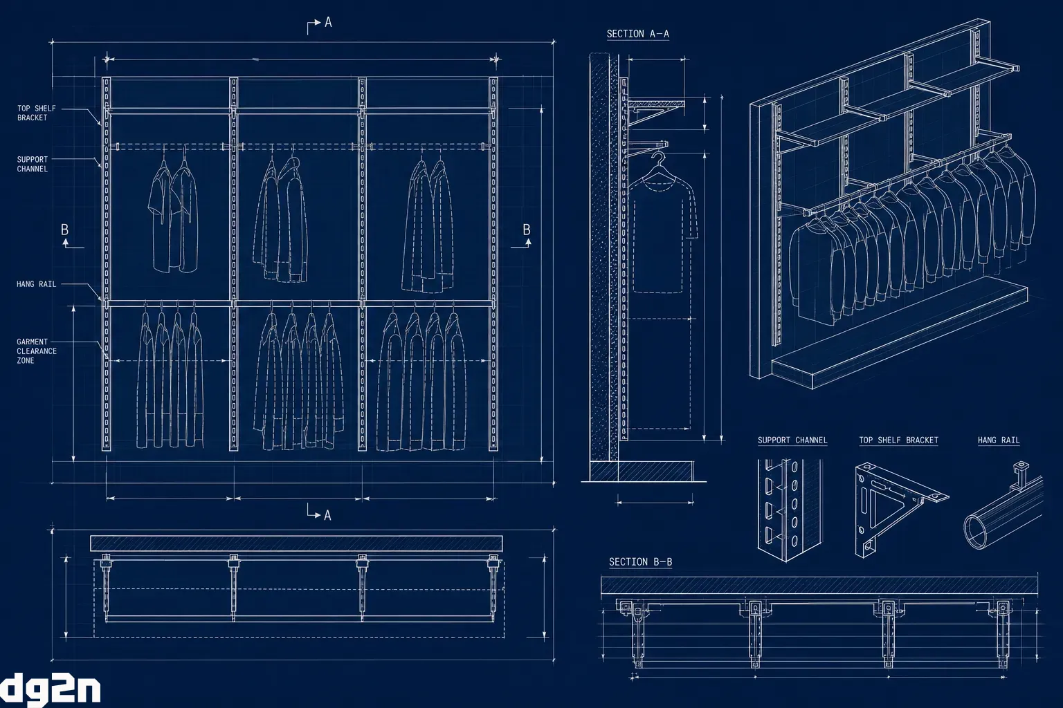 Blueprint technical drawing of a modular retail wall display fixture system.