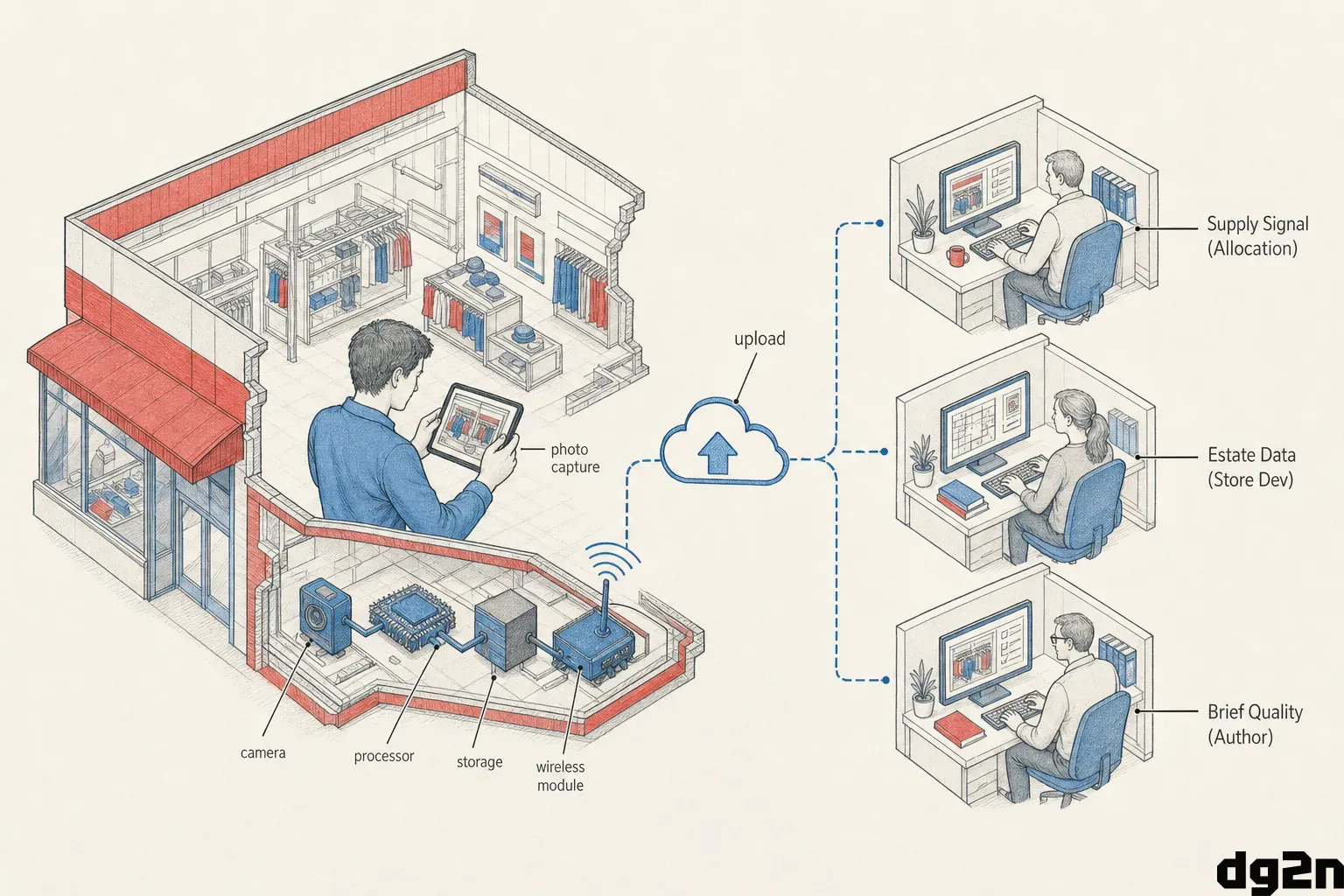 Annotated axonometric cutaway diagram showing store exception reports routing from a mobile camera to three specific head office teams.