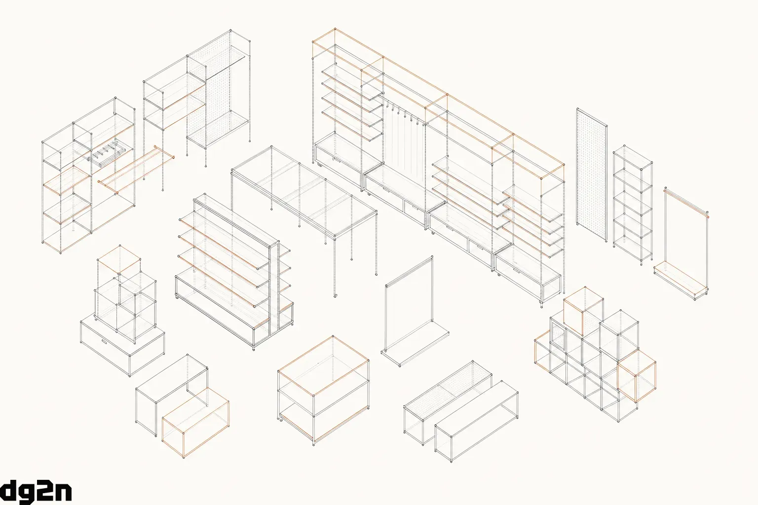 Isometric geometric render of standardized and custom retail shelving fixtures.