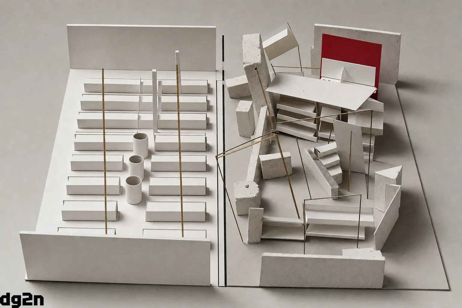 A physical study model made of white card, plaster, and brass rods depicting two diverging architectural retail layouts split down the middle. One side shows a precise, uniform grid of card blocks, while the other side shows shifted, modified structures with extra additions, illustrating the gap between planned store files and actual ground layouts.