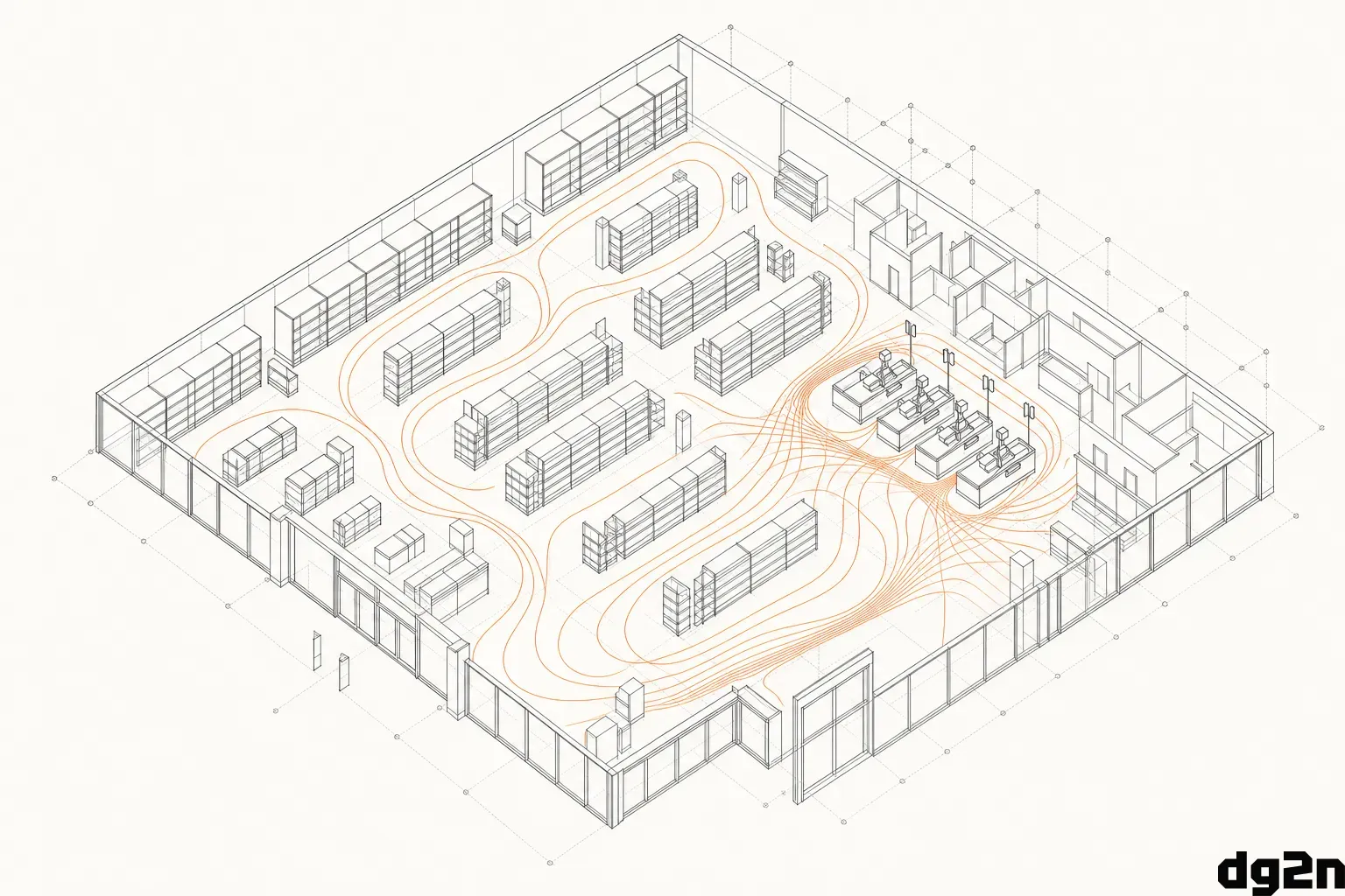 Isometric diagram of a retail store layout comparing rigid central shelf arrangements with organic shopper movement paths.