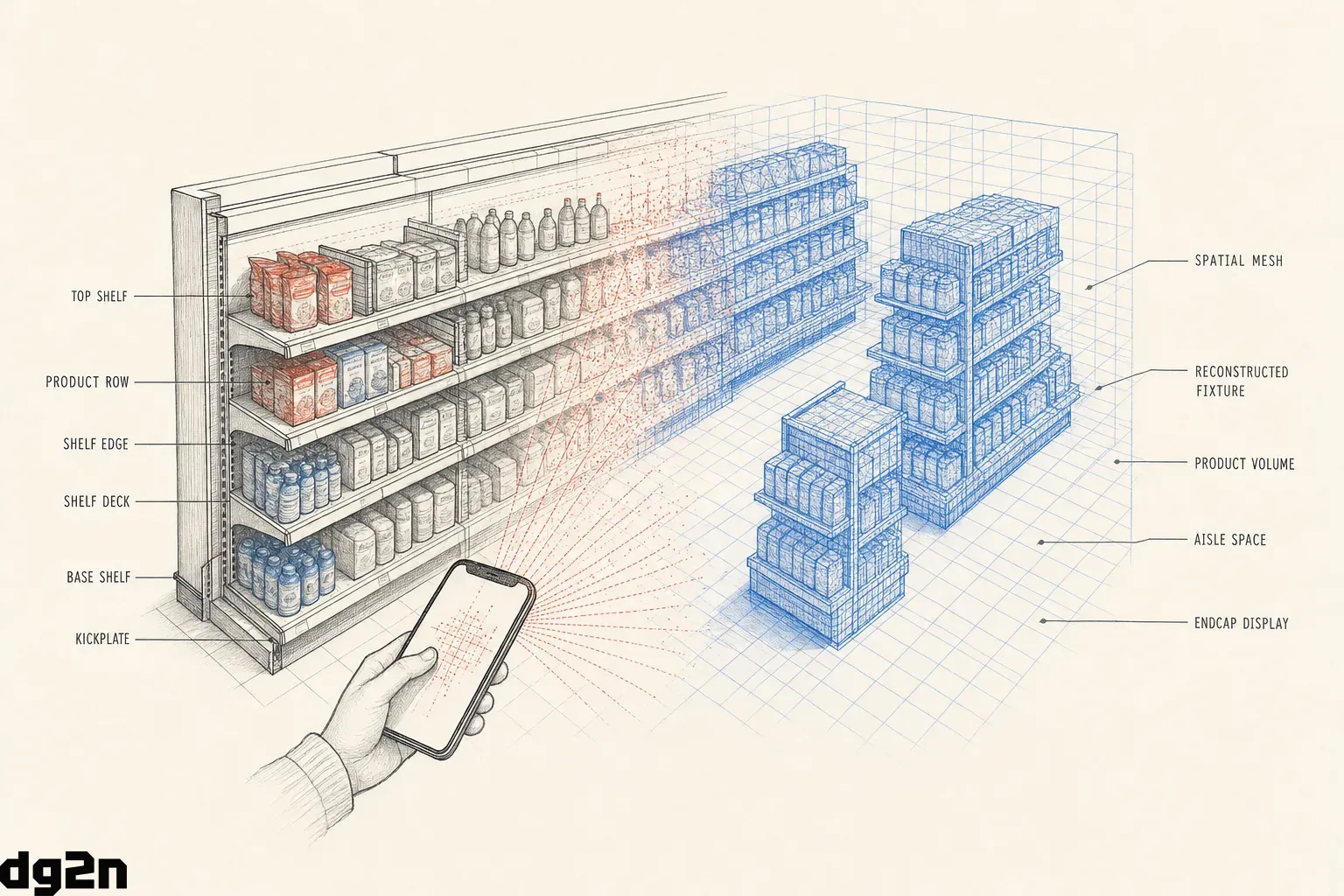 Cutaway illustration showing a physical store aisle transforming into a reconstructed 3D digital model.