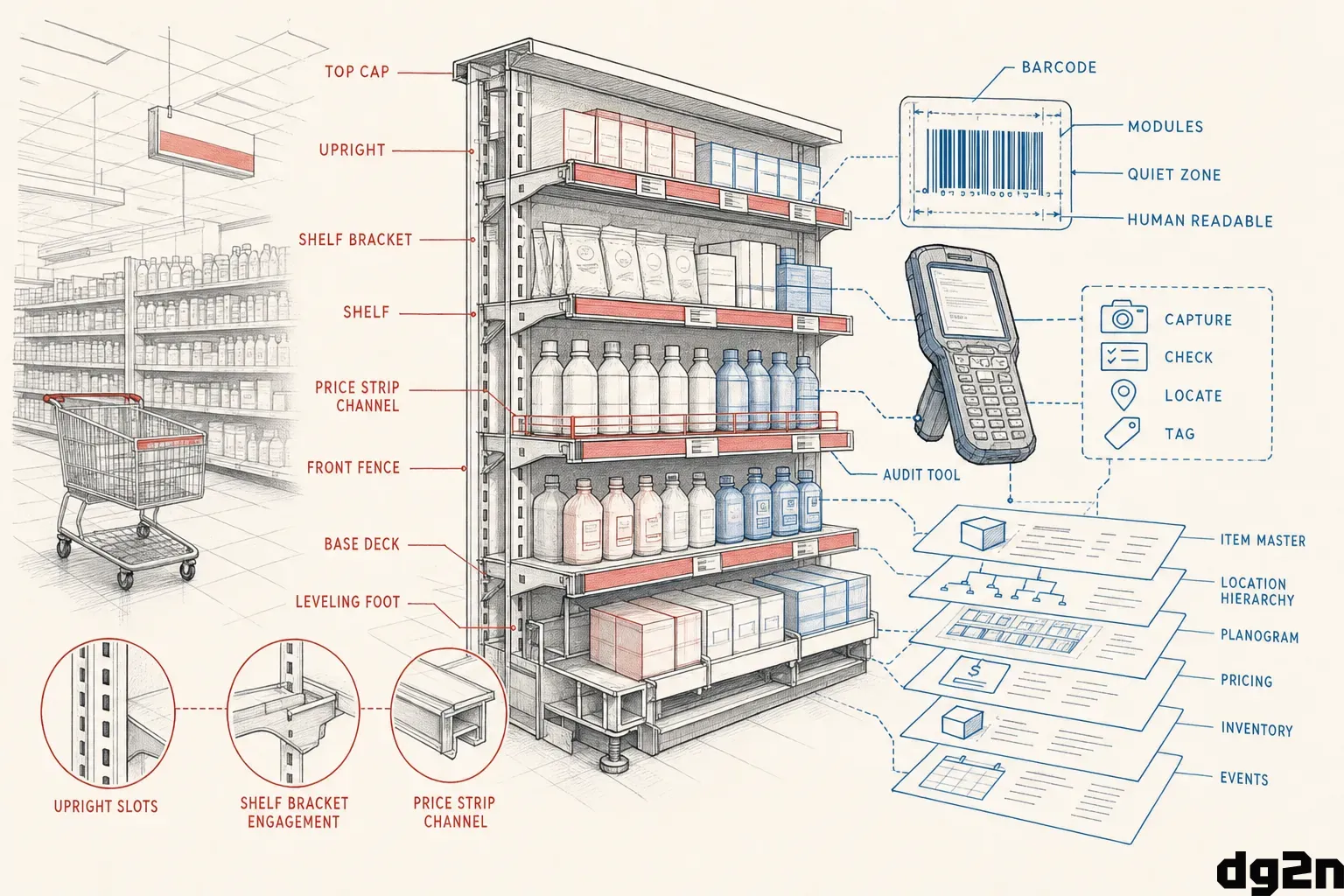 Cutaway diagram of a retail store shelf displaying data schemas and micro-tools interacting with physical fixtures and inventory.